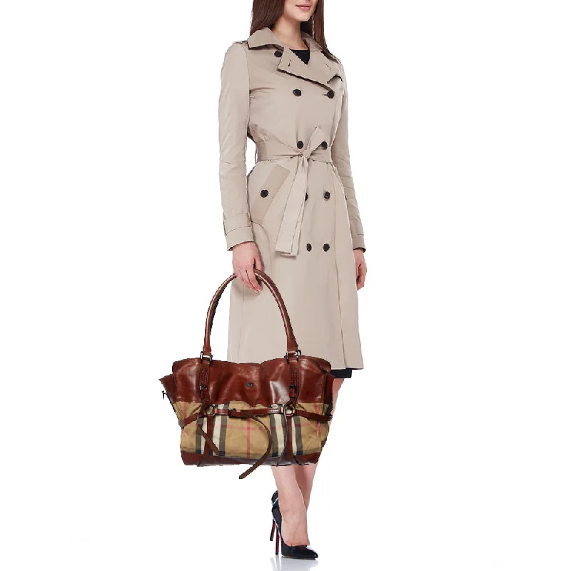 BURBERRY Brown/Beige House Check Canvas and Leather Belted Tote