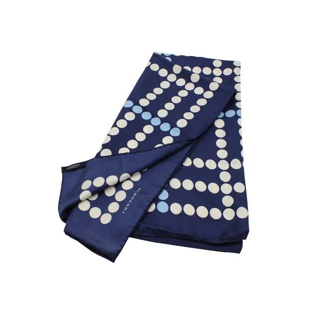 Burberry LONDON London Navy Blue Silk Scarf - Blue And White Polka Dot Print